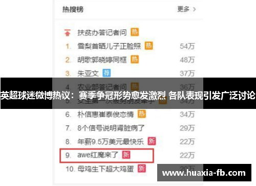 英超球迷微博热议:赛季争冠形势愈发激烈 各队表现引发广泛讨论 英超球迷微博热议:赛季争冠形势愈发激烈 各队表现引发广泛讨论