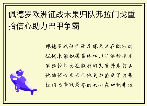 佩德罗欧洲征战未果归队弗拉门戈重拾信心助力巴甲争霸